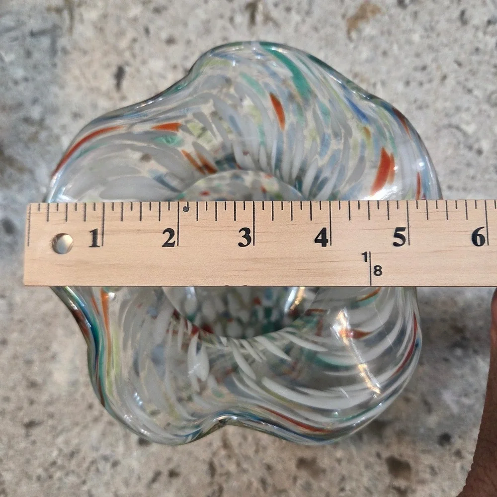 Hand Blown‎ Confetti Glass Vase Ruffled Rim Multi Color Splatter Art Glass 6.5